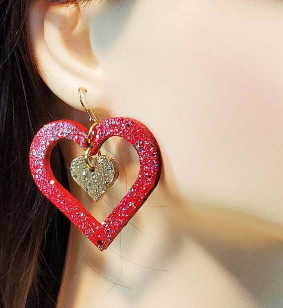 Laser Cut Double Heart Wood Earrings, lightweight Double Heart Earrings, hand made wooden earrings