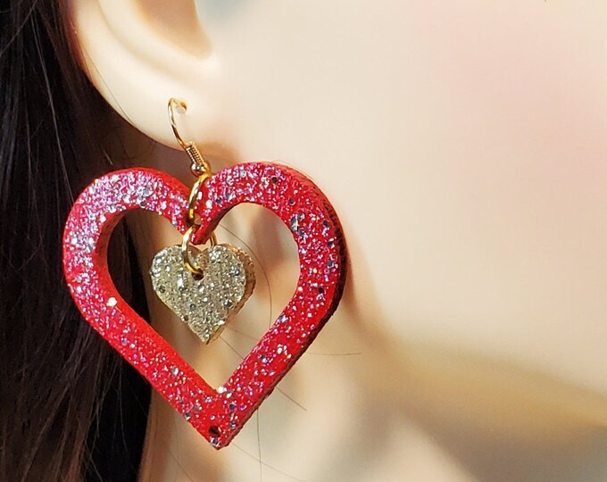 Laser Cut Double Heart Wood Earrings, lightweight Double Heart Earrings, hand made wooden earrings