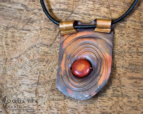 Forged Copper Red and Black Dyed Jasper Necklace Pendant