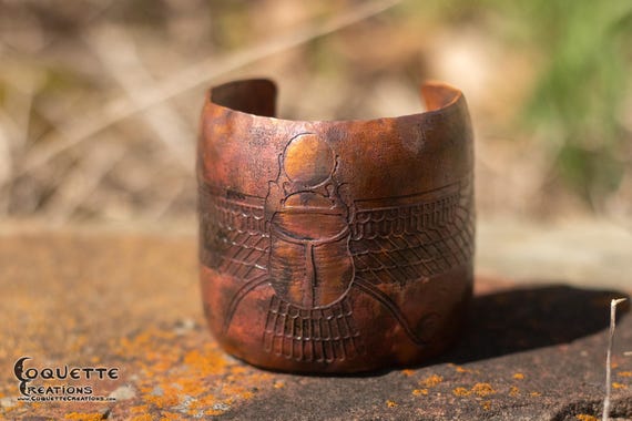 Hand hammered and forged etched domed unisex Copper Cuff Bracelet