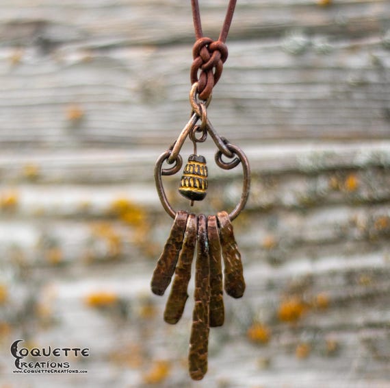 Hand Forged Copper Paddle Pendant with Wood Bead on an adjustable Leather Cord