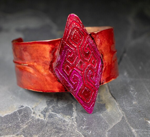 Hammered Vibrant Pink Red Copper Cuff Bracelet