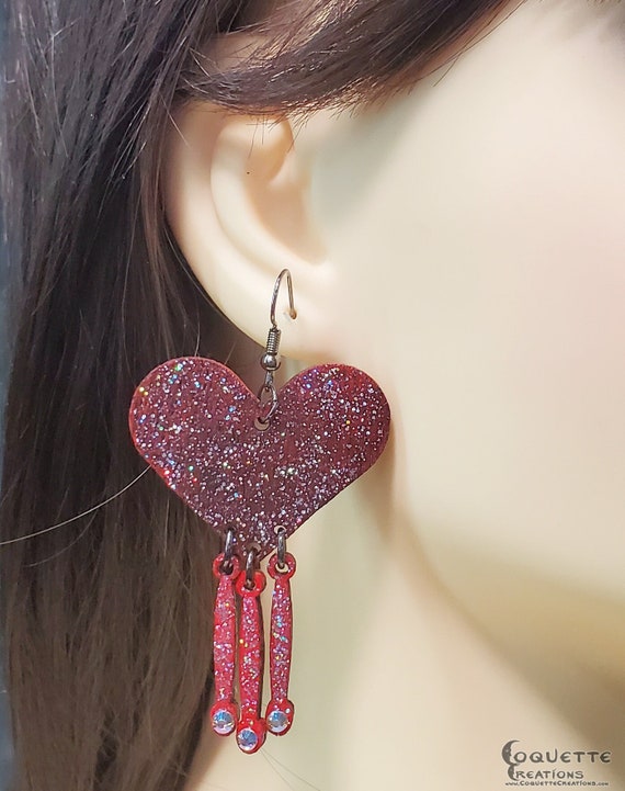 Laser Cut Heart Wood Earrings with Dainty Dangling Wood Pendulums Adorned with Crystals, lightweight Heart Earrings, hand made wood earrings