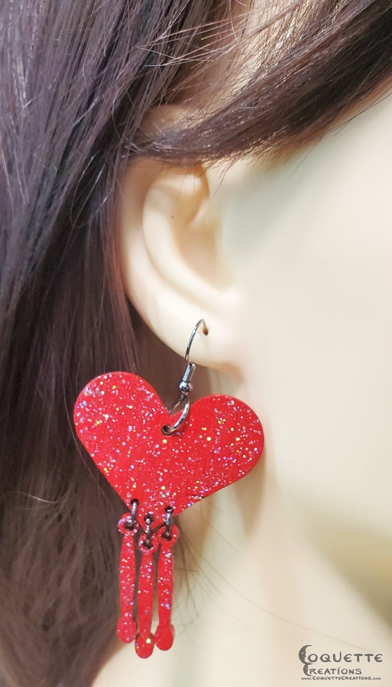 Laser Cut Heart Wood Earrings with Tiny Dangling Wood Pendulums, lightweight Heart Earrings, hand made wooden earrings