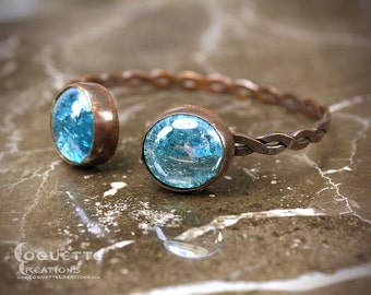 Teal Cyan Blue Glass Aged  Copper Bracelet