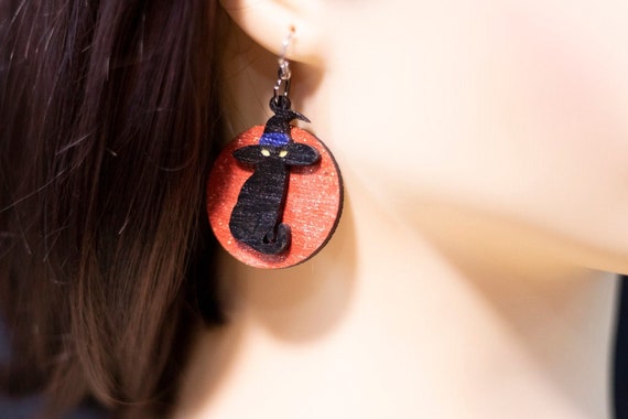 Hand Made Laser Cut Baltic Birch Wood Spooky Halloween Black Cat Earrings