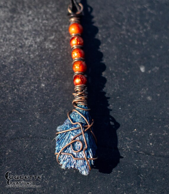 Wire Wrap Witch's Brooms with Blue or Gray Kyanite on Leather Cords