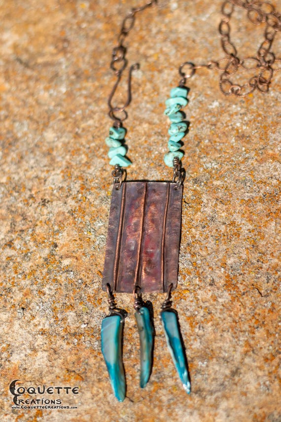 Copper, Mother of Pearl and Turquoise Chip Pendant Necklace