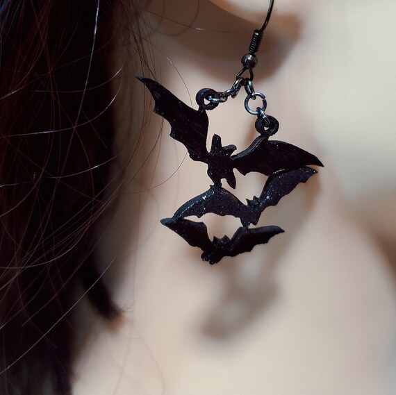 Hand Made Laser Cut Baltic Birch Wood Spooky Halloween Bat Earrings