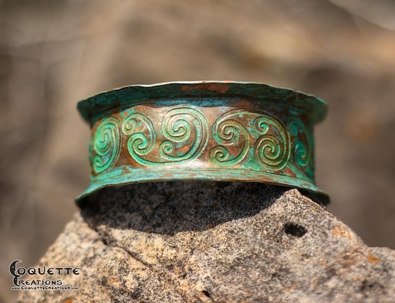 Hand hammered and forged etched anticlastic unisex Copper Cuff Bracelet