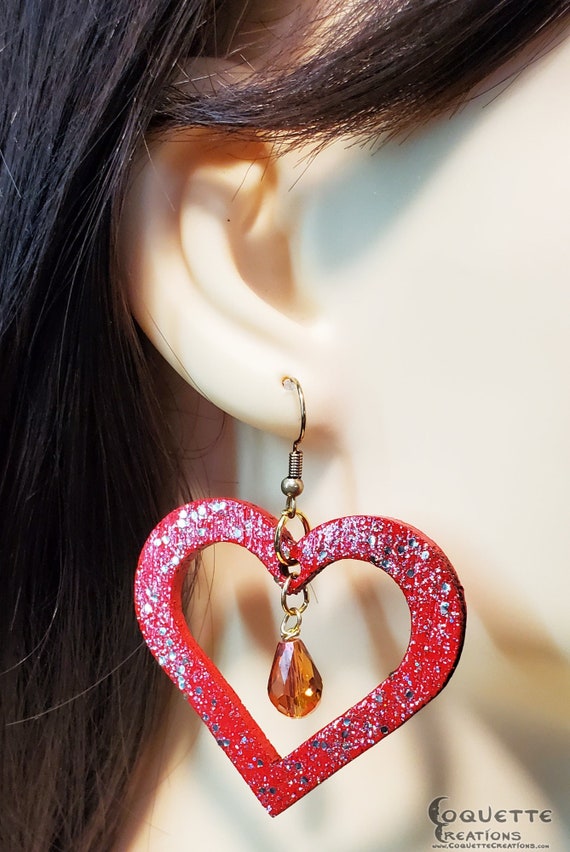 Laser Cut Double Heart Wood Earrings, lightweight Double Heart Earrings, hand made wooden earrings