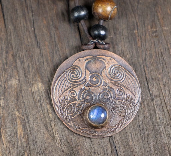 Celtic Raven Knotwork Blue Labradorite Hammered Copper Necklace Pendant