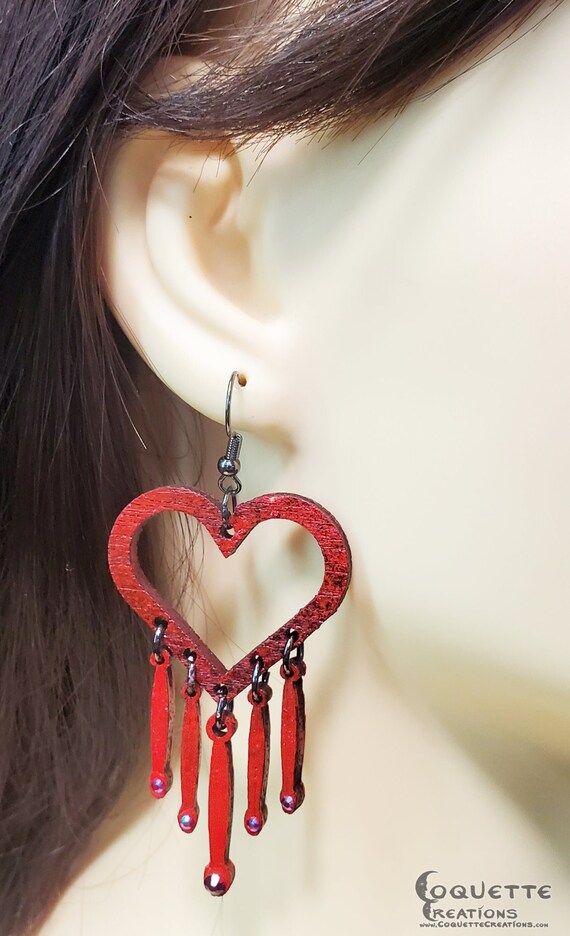 Laser Cut Heart Wood Earrings with Dainty Dangling Wood Pendulums Adorned with Crystals, lightweight Heart Earrings, hand made wood earrings
