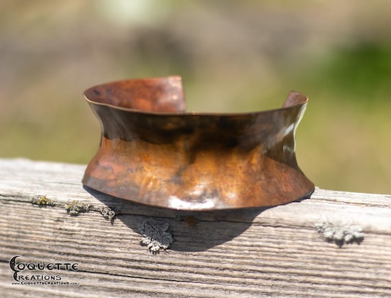Hand hammered and forged etched anticlastic unisex Copper Cuff Bracelet
