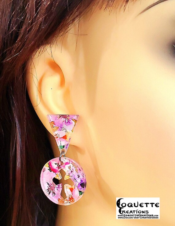 Laser Cut Acrylic PatternPly@ Geometric Pushback Stud Earrings, hand made lightweight earrings