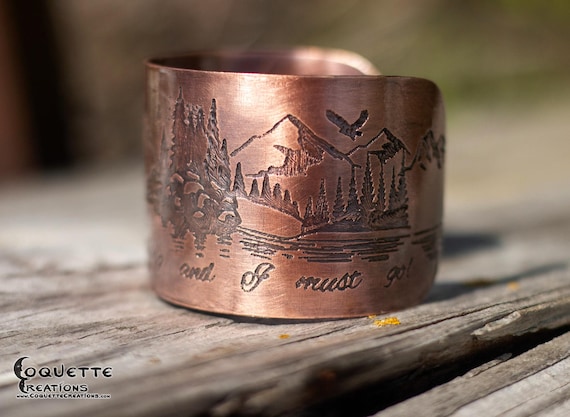 Hand hammered and forged etched unisex Copper Cuff Bracelet