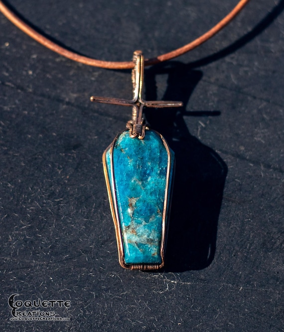 Blue Apatite Wire Wrap Coffin Pendant on Leather Cord