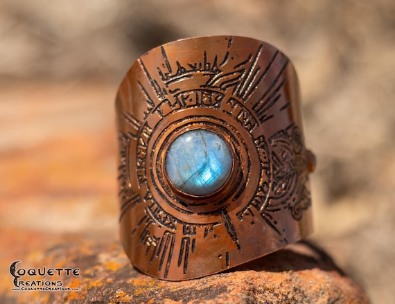 Hand Hammered and Forged Labradorite Etched Copper Bracelet