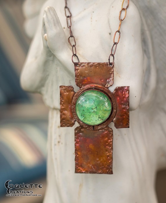Green Distressed Glass Rustic Cross Copper Necklace