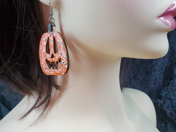 Hand Made Laser Cut Baltic Birch Wood Spooky Halloween Jack-o-lantern Earrings