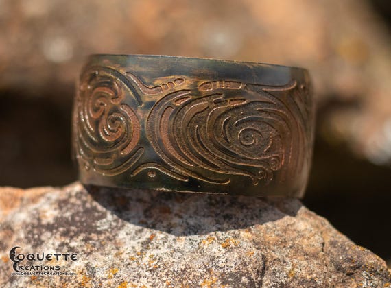 Hand hammered and forged etched domed unisex Copper Cuff Bracelet