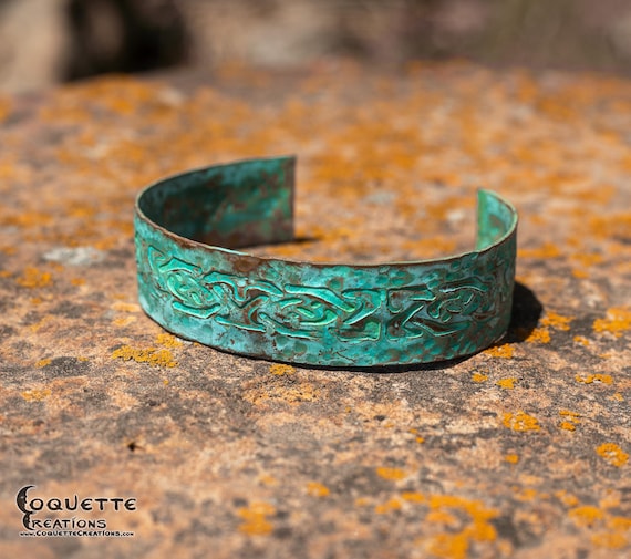 Hand hammered and forged etched Copper Cuff Bracelet