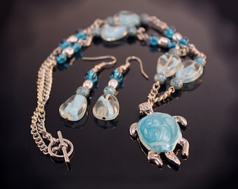 Turtle Aqua Blue Necklace Pendant with Earrings