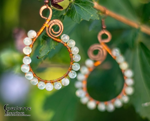 Copper and White Moonstone  Dangle Earrings