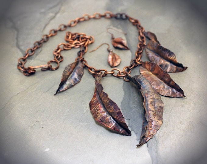 Autumn Leaves Hand Forged Copper Necklace with Earrings