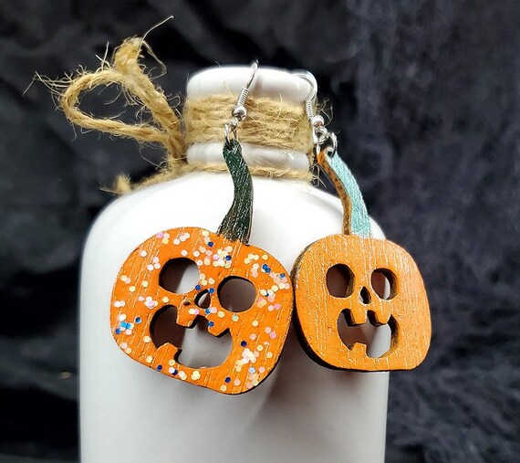 Hand Made Laser Cut Baltic Birch Wood Spooky Halloween Jack-o-lantern Earrings