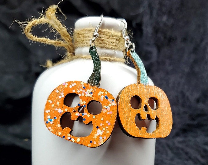 Hand Made Laser Cut Baltic Birch Wood Spooky Halloween Jack-o-lantern Earrings