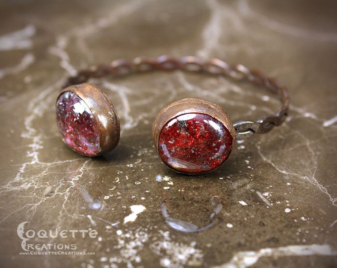 Red Glass Aged  Copper Bracelet