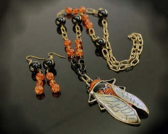Cicada Orange and Black Necklace Pendant with Earrings