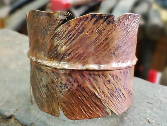 Hand hammered and fired fold formed 'Feather' Copper Cuff Bracelet