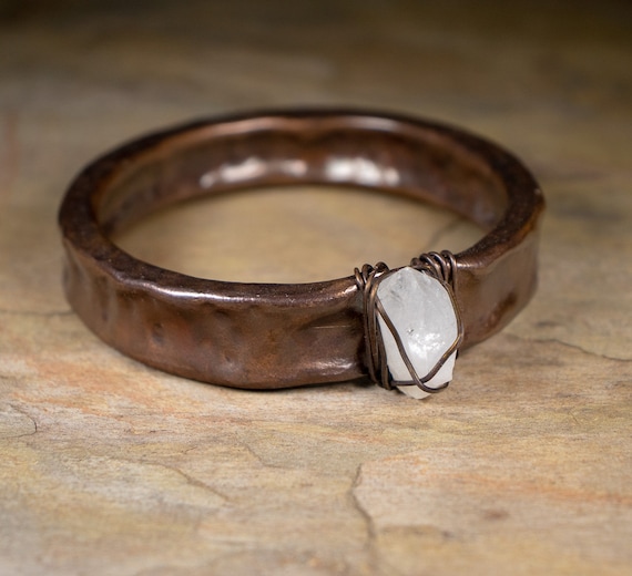 Quartz Crystal  Hammered Copper  Cuff
