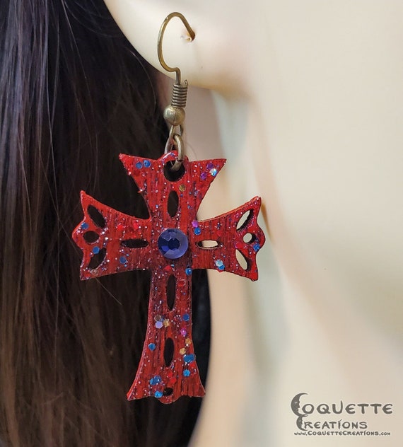 Laser Cut Latin Cross Wood Earrings with Violet Crystal Centerpiece, lightweight Latin Cross Earrings, hand made wooden earrings