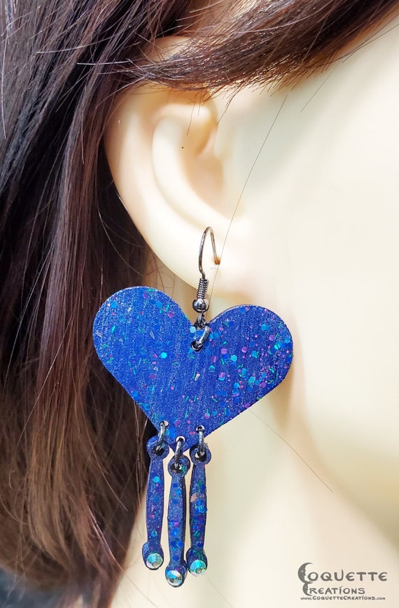 Laser Cut Heart Wood Earrings with Dainty Dangling Wood Pendulums Adorned with Crystals, lightweight Heart Earrings, hand made wood earrings