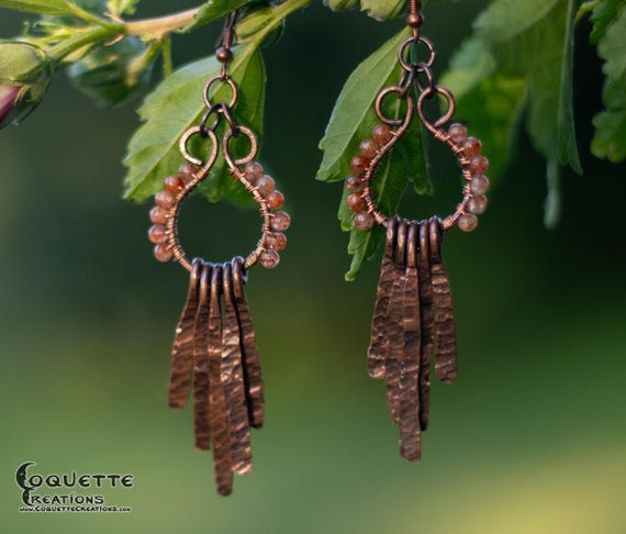Sunstone and Copper Paddle Dangle Earrings