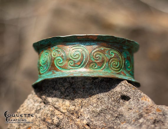 Hand hammered and forged etched anticlastic unisex Copper Cuff Bracelet