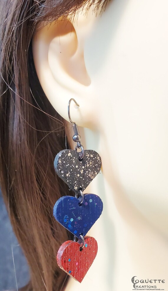Laser Cut Triple Heart Waterfall Wood Earrings, lightweight Triple Heart Earrings, hand made wooden earrings