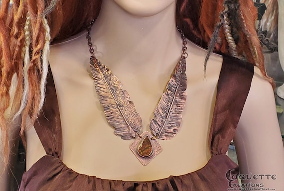 Original Handmade One-of-a-kind Copper Feather Statement Piece With Rare Flashy Ammolite Gemstone Pendant
