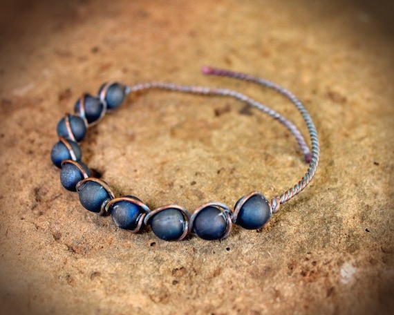 Blue  Bead Woven Copper  Bracelet
