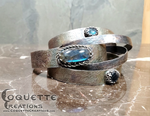 Handmade Fine Silver Labradorite Cuff Bracelet Set: Hammered Stacking Bangles