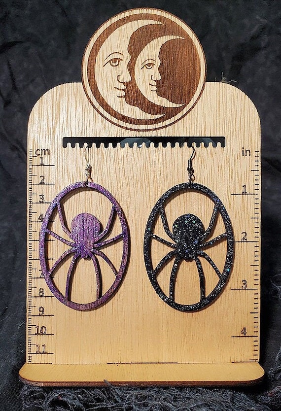 Hand Made Laser Cut Baltic Birch Wood Halloween Giant Spooky Spider Earrings