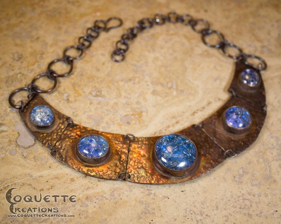 Blue Distressed Glass Quintuple Copper Collar Bib Necklace