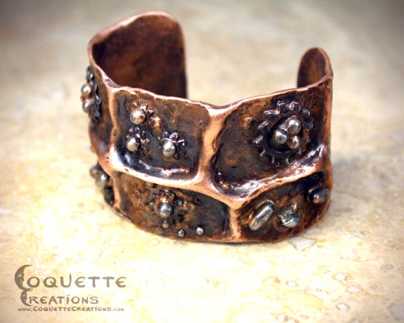 Aged Hammered Copper Steampunk Cuff Bracelet