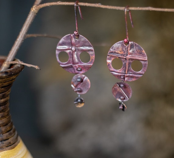 Aged Red and Black Patina Copper Earrings