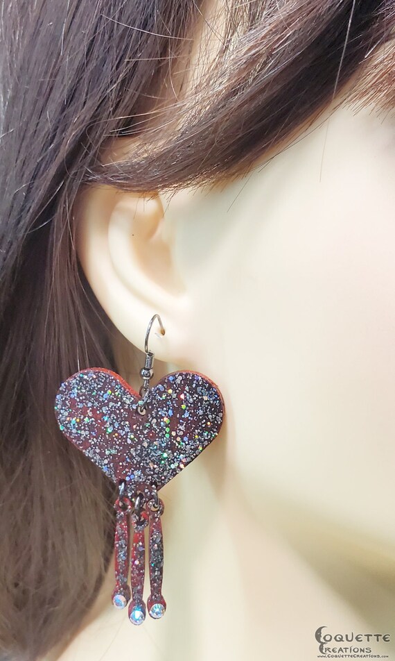 Laser Cut Heart Wood Earrings with Dainty Dangling Wood Pendulums Adorned with Crystals, lightweight Heart Earrings, hand made wood earrings