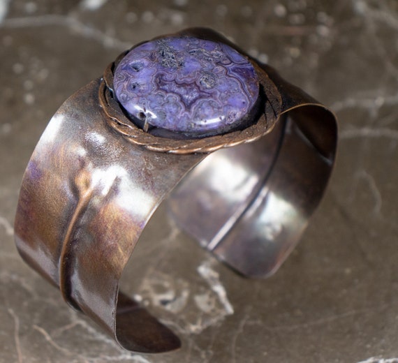 Violet Agate Aged Hammered Copper Cuff Bracelet