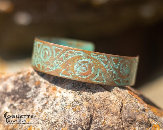 Hand hammered and forged etched unisex Copper Cuff Bracelet